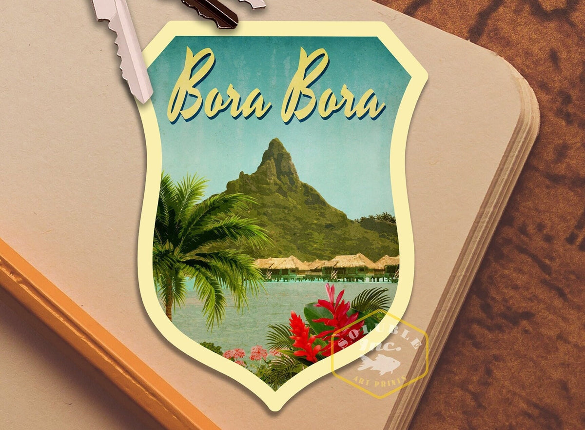 Bora Bora travel sticker, vintage style decal for suitcase, luggage, laptop or water bottle
