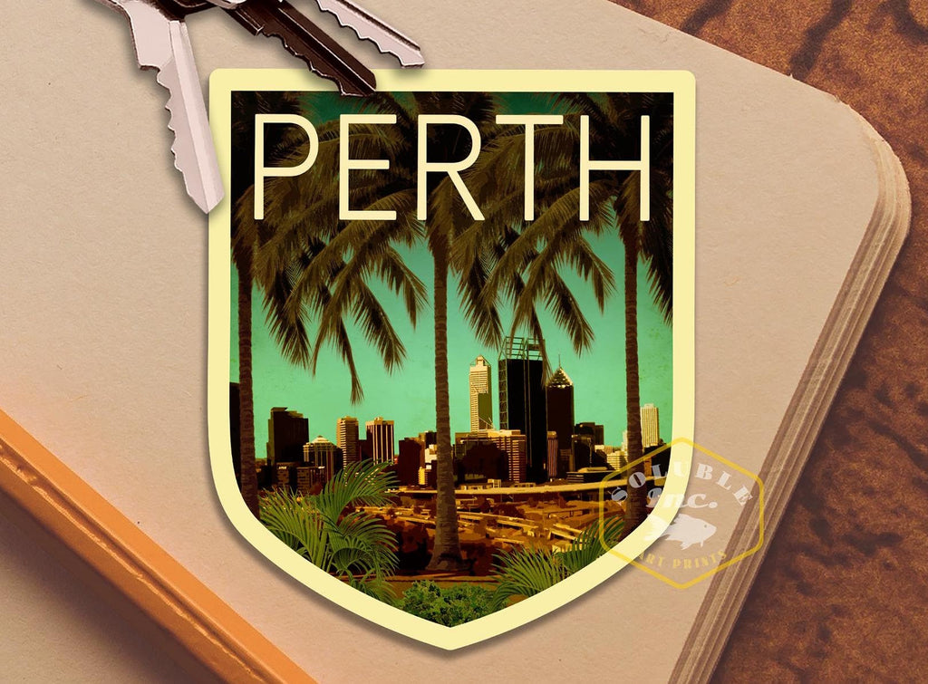 Perth Australia travel sticker, vintage style decal for suitcase, luggage, laptop or water bottle