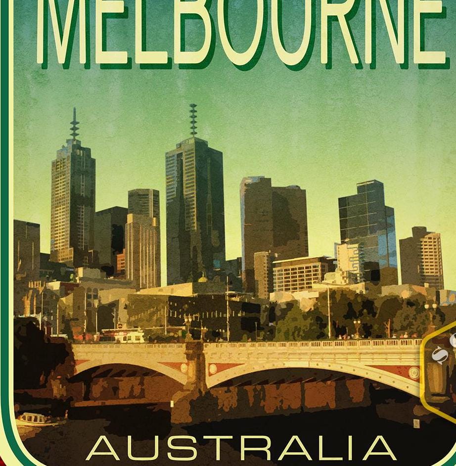 Melbourne Australia travel sticker, vintage style decal for suitcase, luggage, laptop or water bottle