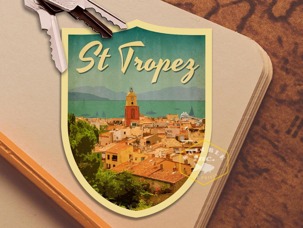 St Tropez France Travel Sticker: Vintage Suitcase Decal