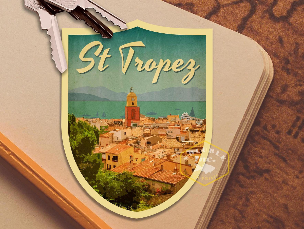 St Tropez France Travel Sticker: Vintage Suitcase Decal