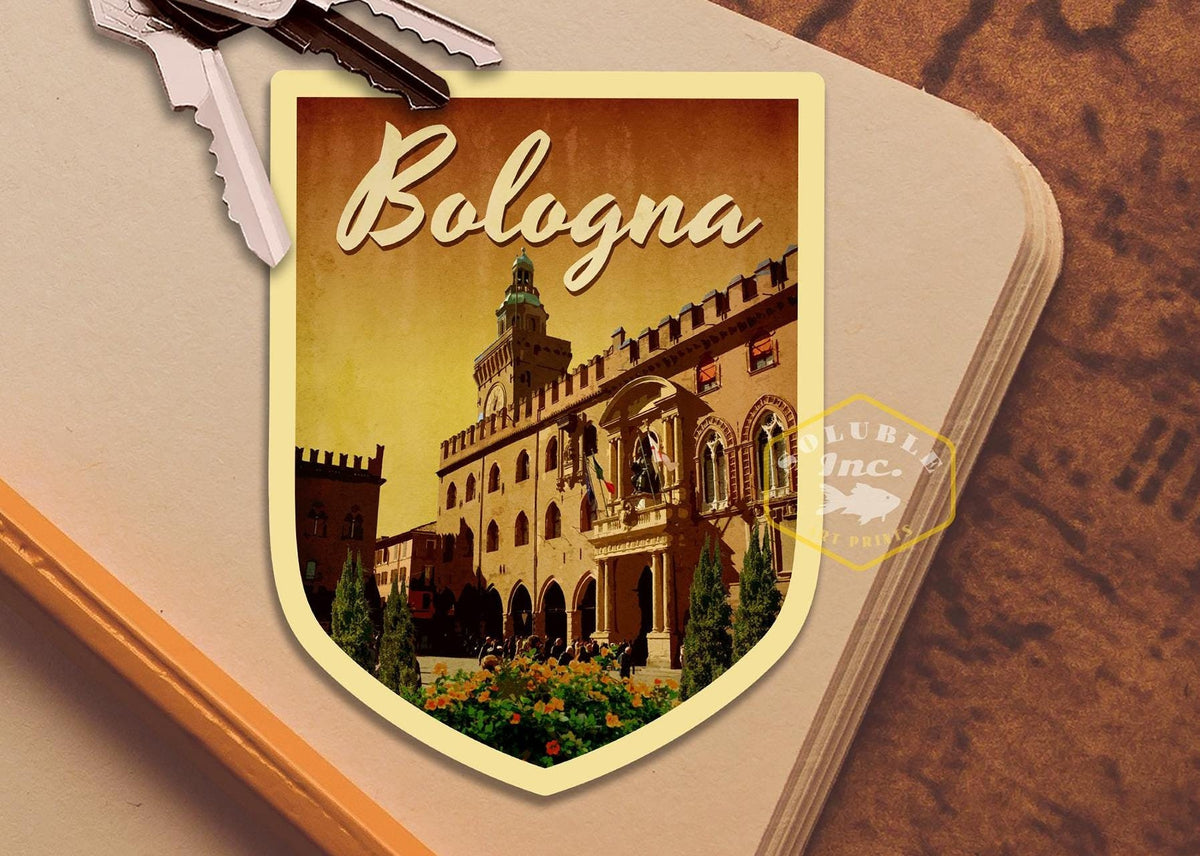 Bologna Italy Travel Sticker: Vintage Suitcase Decal
