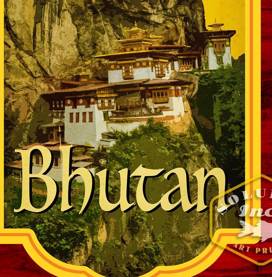 Bhutan travel sticker, vintage style decal for suitcase, luggage, laptop or water bottle