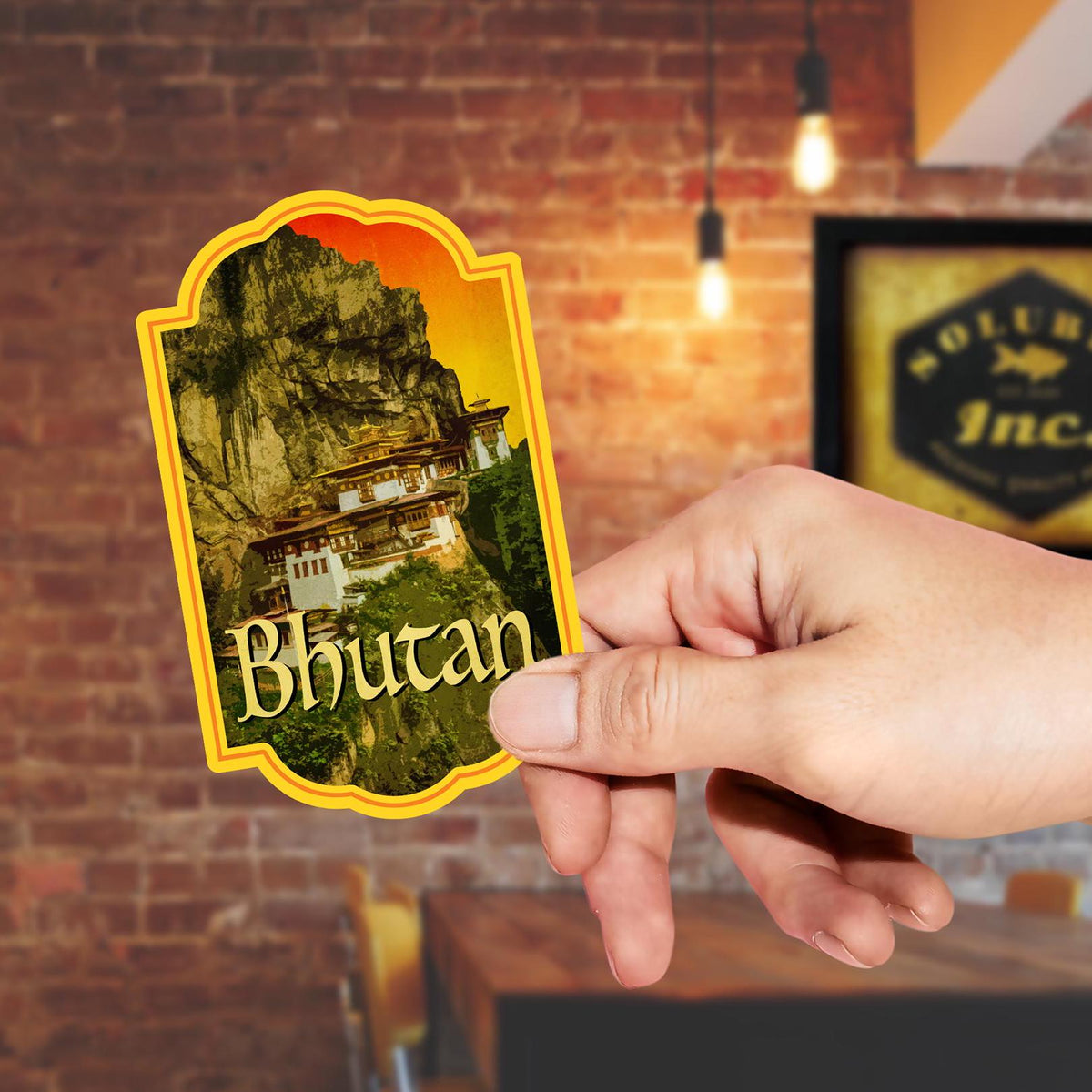 Bhutan travel sticker, vintage style decal for suitcase, luggage, laptop or water bottle