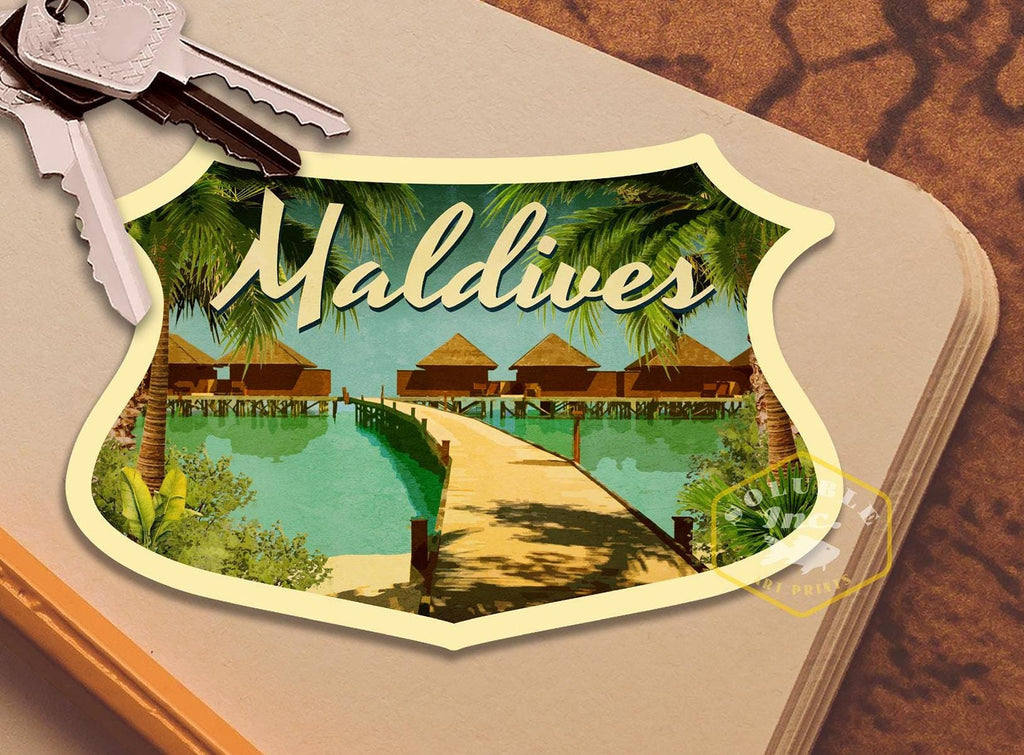 Maldives travel sticker, vintage style decal for suitcase, luggage, laptop or water bottle