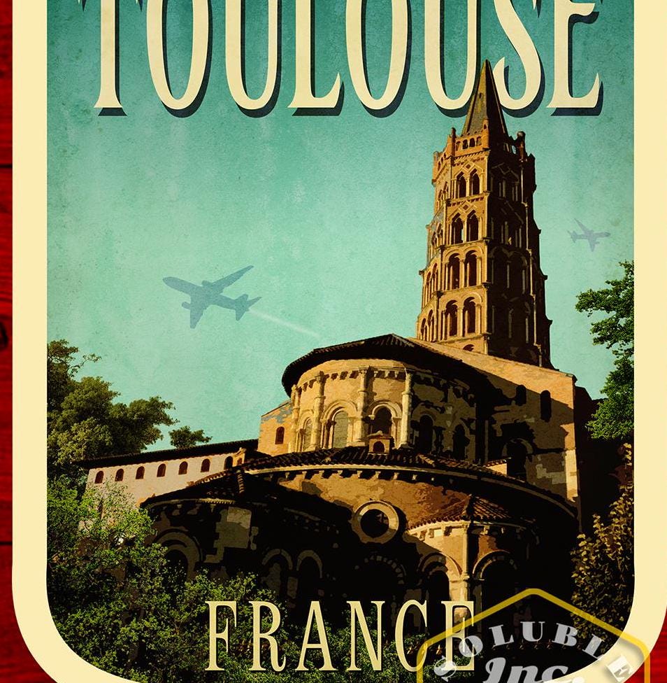 Toulouse France Travel Sticker: Vintage Suitcase Luggage Decal