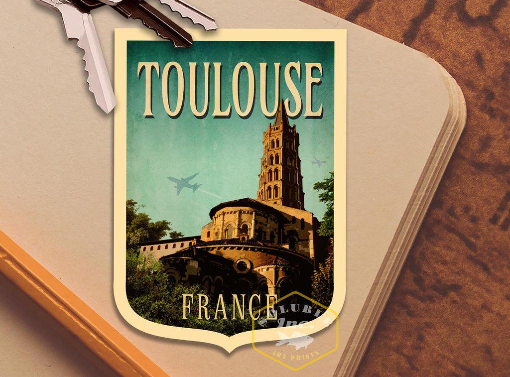 Toulouse France Travel Sticker: Vintage Suitcase Luggage Decal