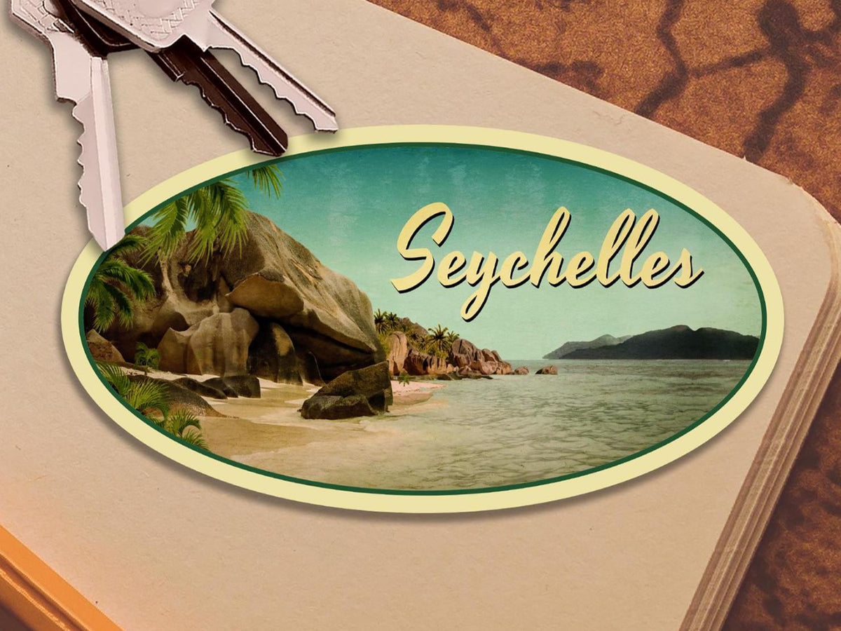 Seychelles travel sticker, vintage style decal for suitcase, luggage, laptop or water bottle