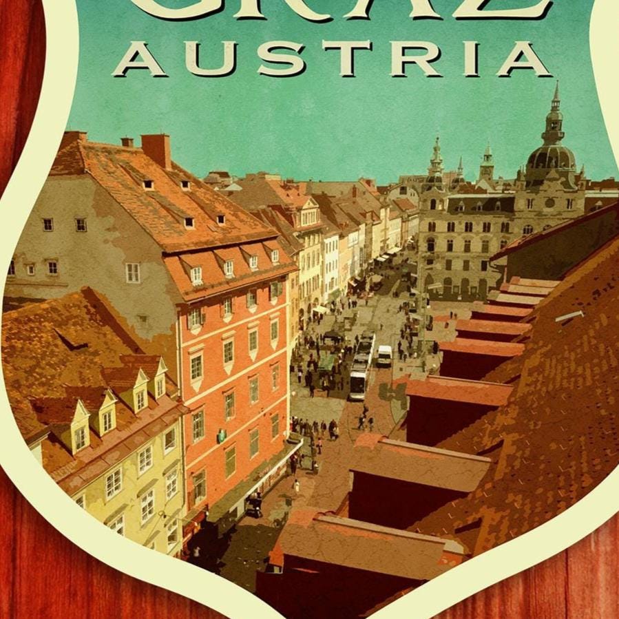 Graz Austria Travel Sticker: Vintage Suitcase Luggage Decal