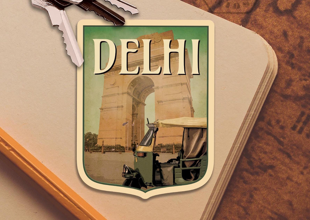 Delhi India travel sticker, vintage style decal for suitcase, luggage, laptop or water bottle