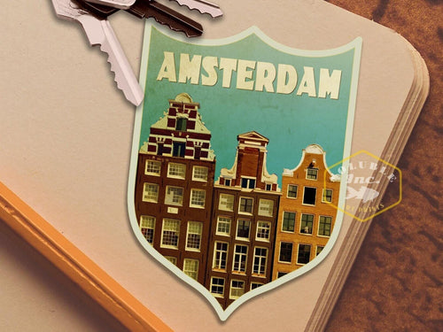 Amsterdam Travel Sticker: Vintage-style Suitcase, Laptop Decal