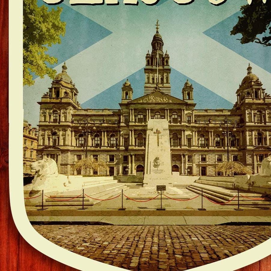 Glasgow Scotland Travel Sticker: Vintage-Style Luggage Decal