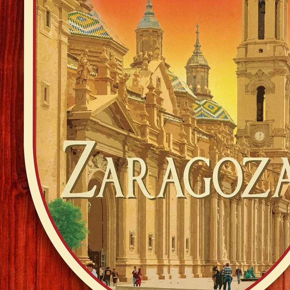 Zaragoza Spain Travel Sticker: Vintage Suitcase Luggage Decal