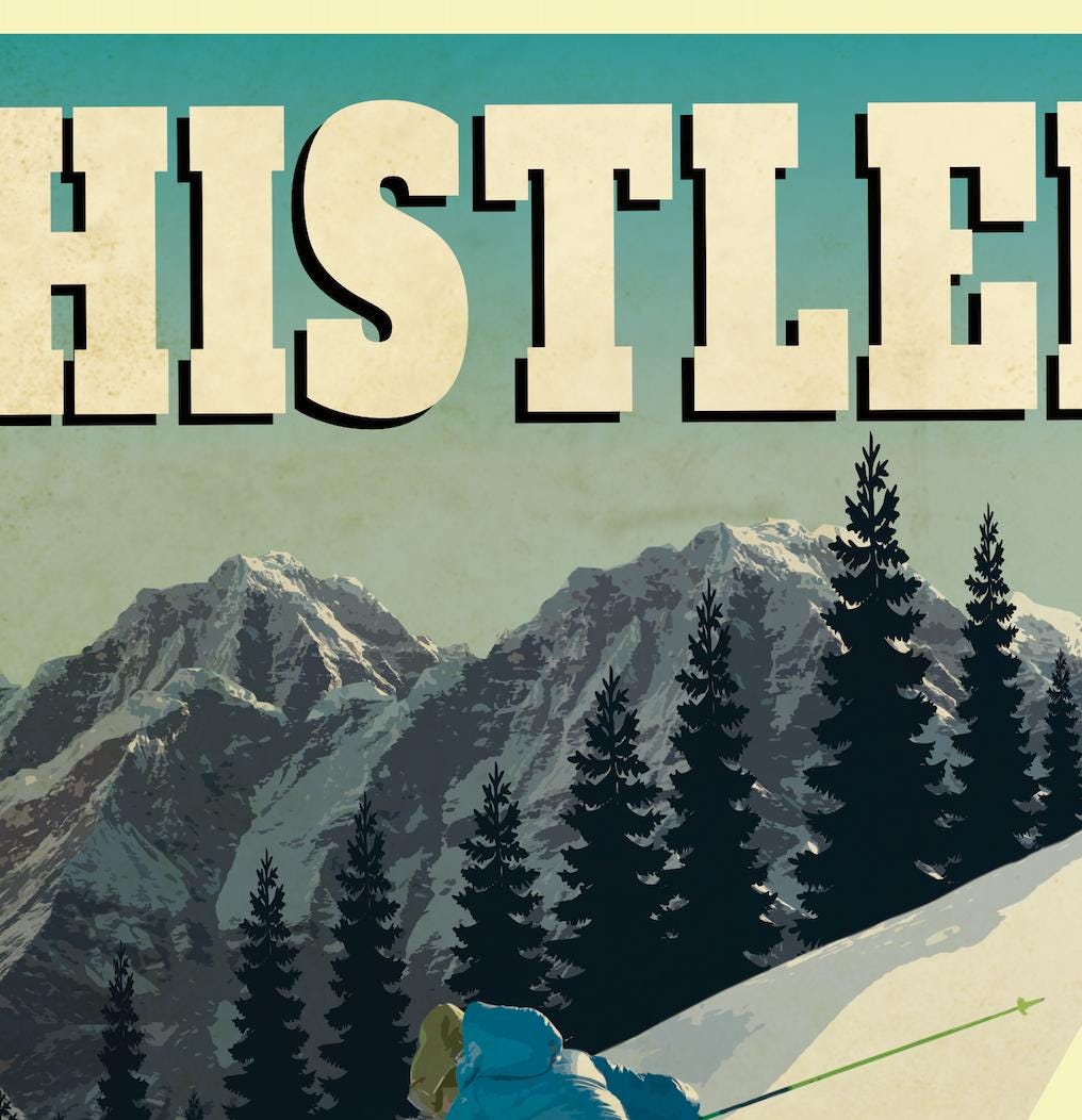 Whistler Canada travel sticker, vintage style decal for suitcase, luggage, laptop or water bottle