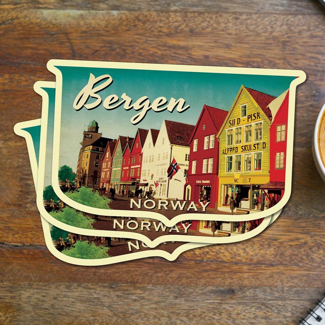 Bergen Norway Travel Sticker: Vintage-Style Luggage Decal
