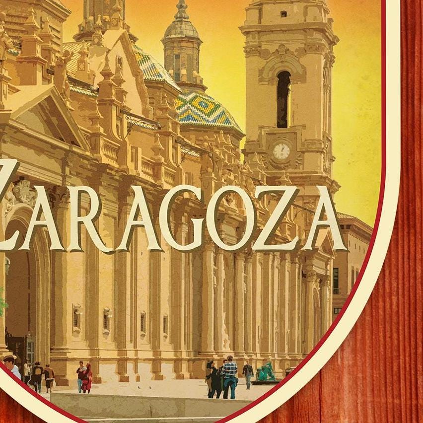Zaragoza Spain Travel Sticker: Vintage Suitcase Luggage Decal