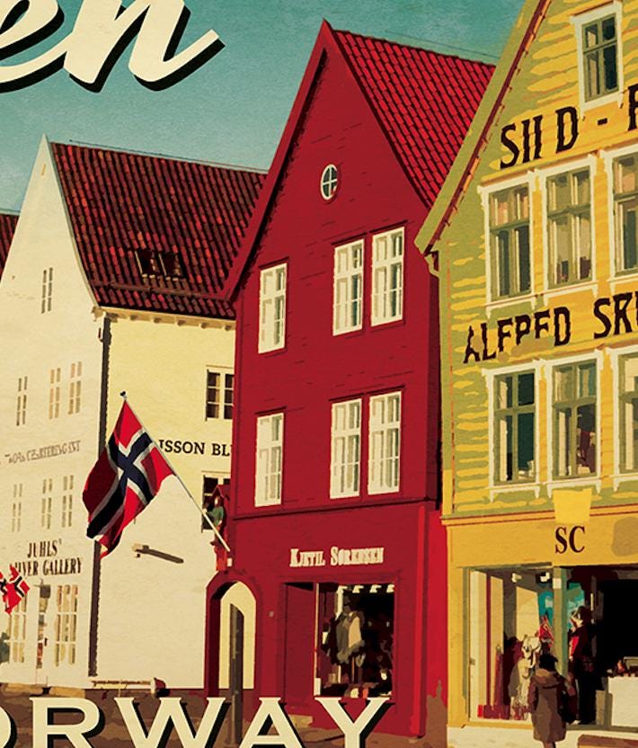 Bergen Norway Travel Sticker: Vintage-Style Luggage Decal
