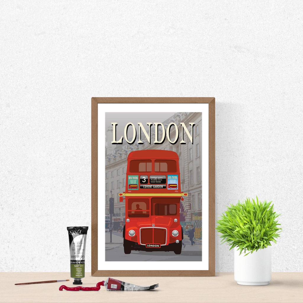 London Travel Art Print: Vintage Red Bus Cityscape Art Poster