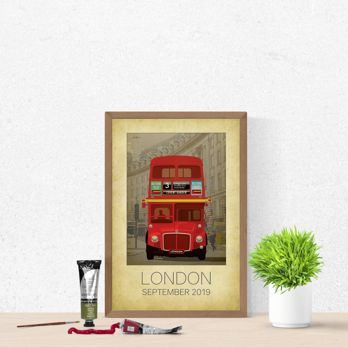 London Travel Art Print: Vintage Red Bus Cityscape Art Poster