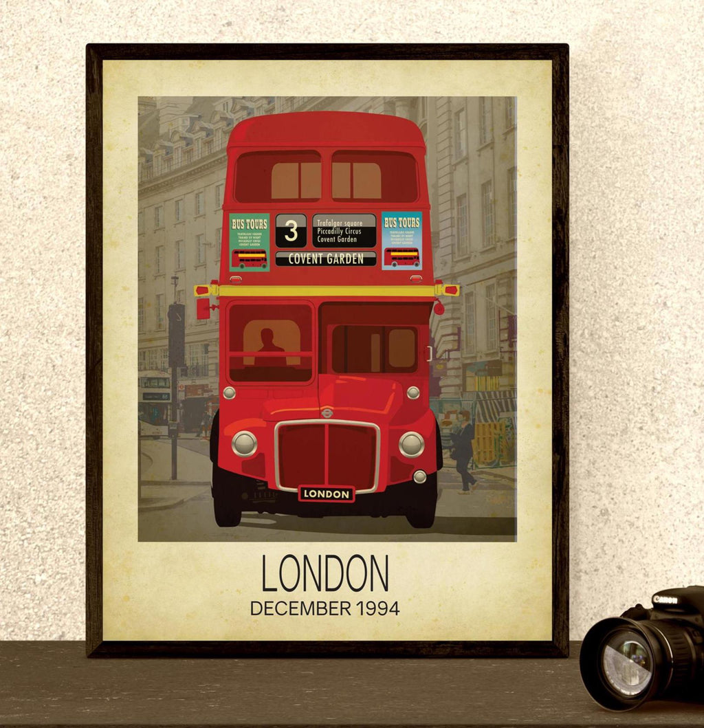 London Travel Art Print: Vintage Red Bus Cityscape Art Poster