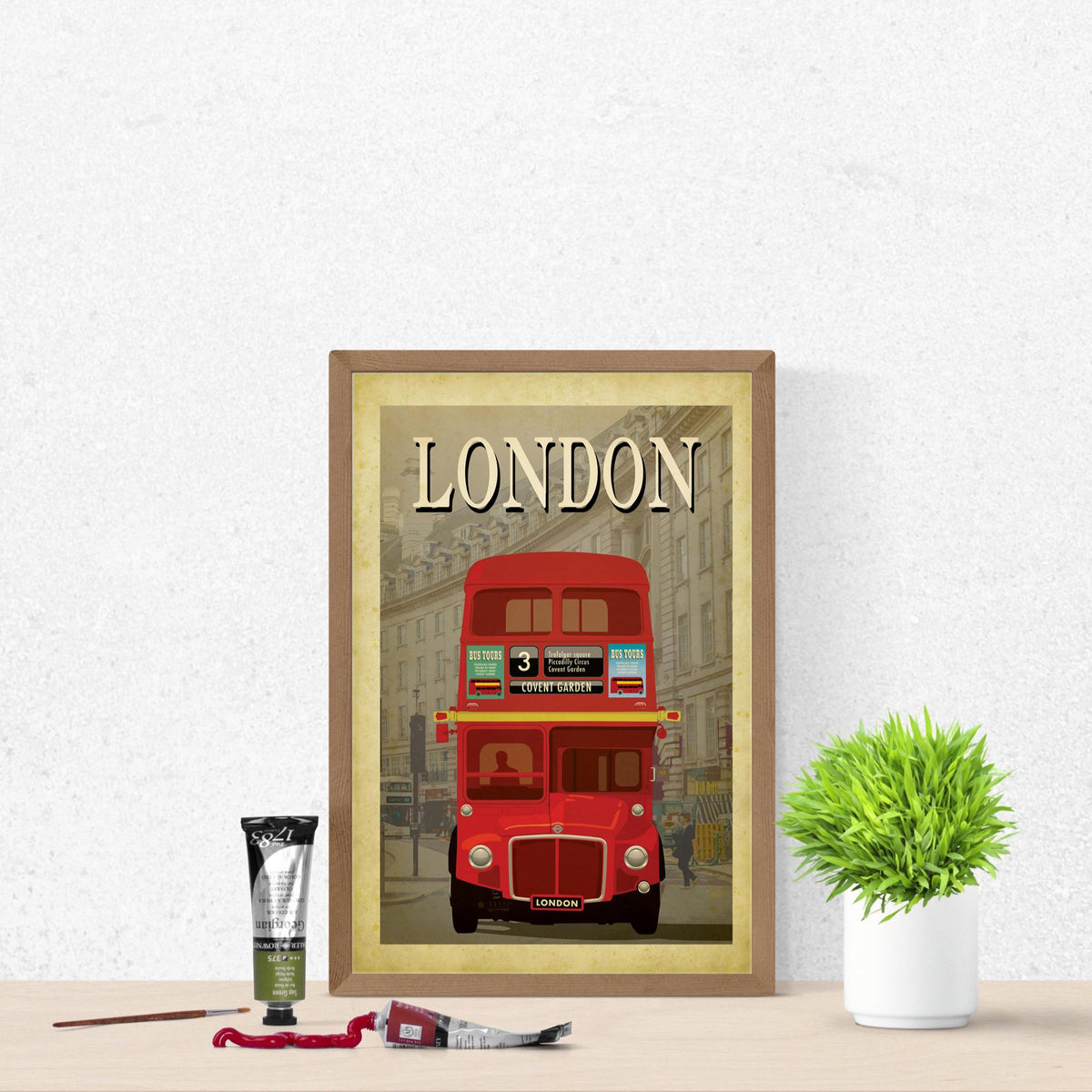 London Travel Art Print: Vintage Red Bus Cityscape Art Poster