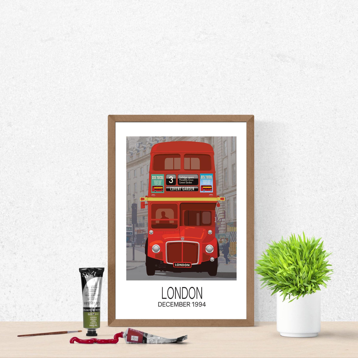 London Travel Art Print: Vintage Red Bus Cityscape Art Poster
