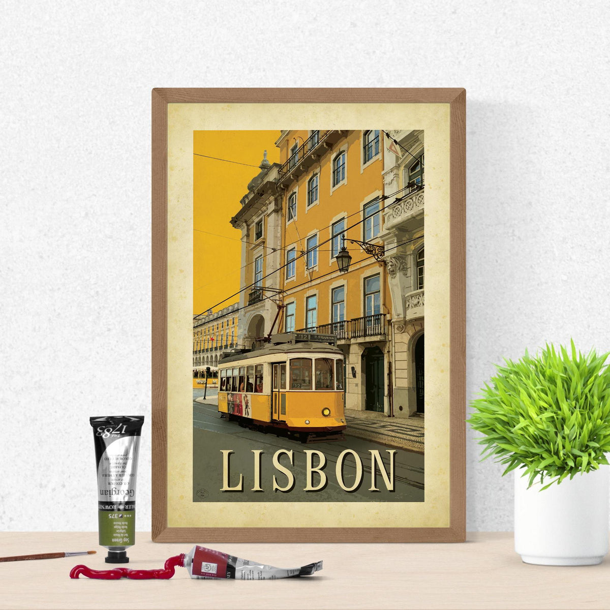 Lisbon Travel Poster: Vintage Yellow Tram, Minimalist Art Print