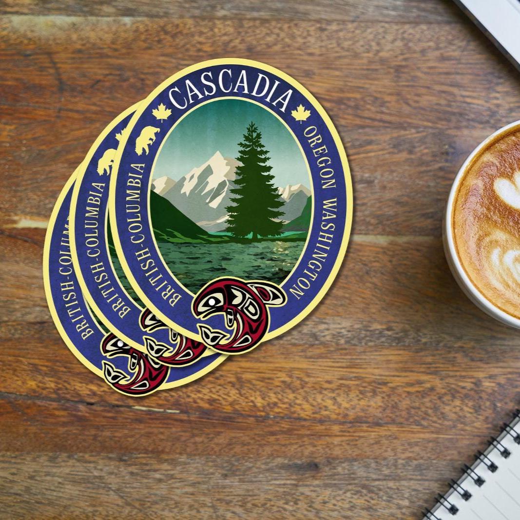 Cascadia travel sticker, vintage style decal for suitcase, luggage, laptop or water bottle