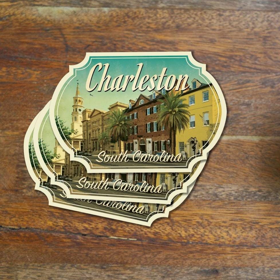 Charleston SC travel sticker, vintage style decal for suitcase, luggage, laptop or water bottle