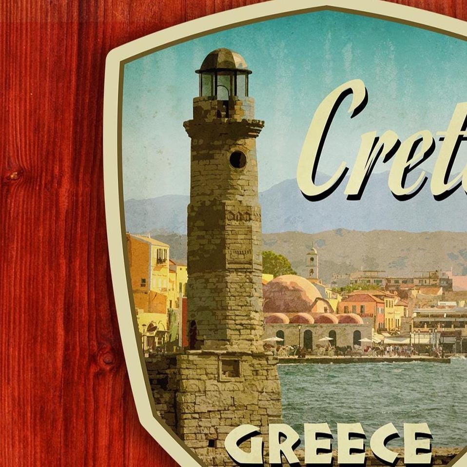 Crete, Greece Travel Sticker: Vintage-style Luggage Decal