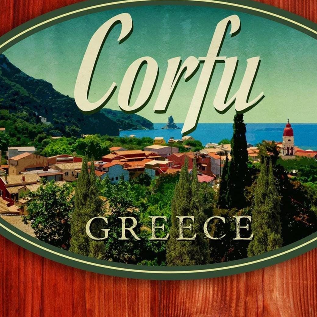 Corfu, Greece Travel Sticker: Vintage-style Luggage Decal