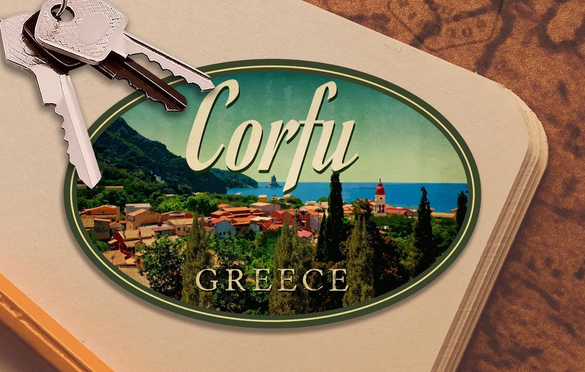 Corfu, Greece Travel Sticker: Vintage-style Luggage Decal