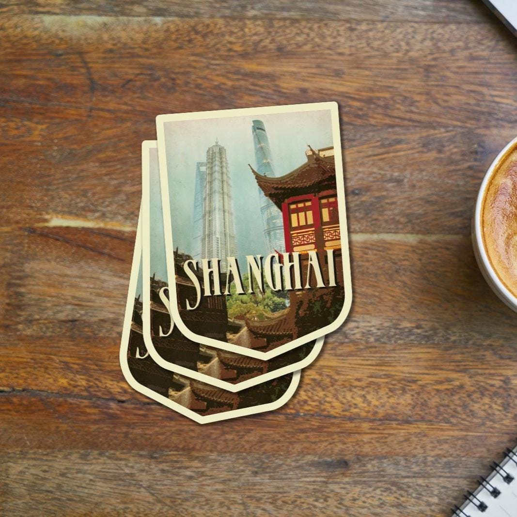 Shangai travel sticker, vintage style decal for suitcase, luggage, laptop or water bottle