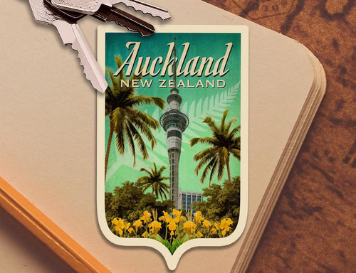 Auckland New Zealand travel sticker, vintage-style decal for suitcase