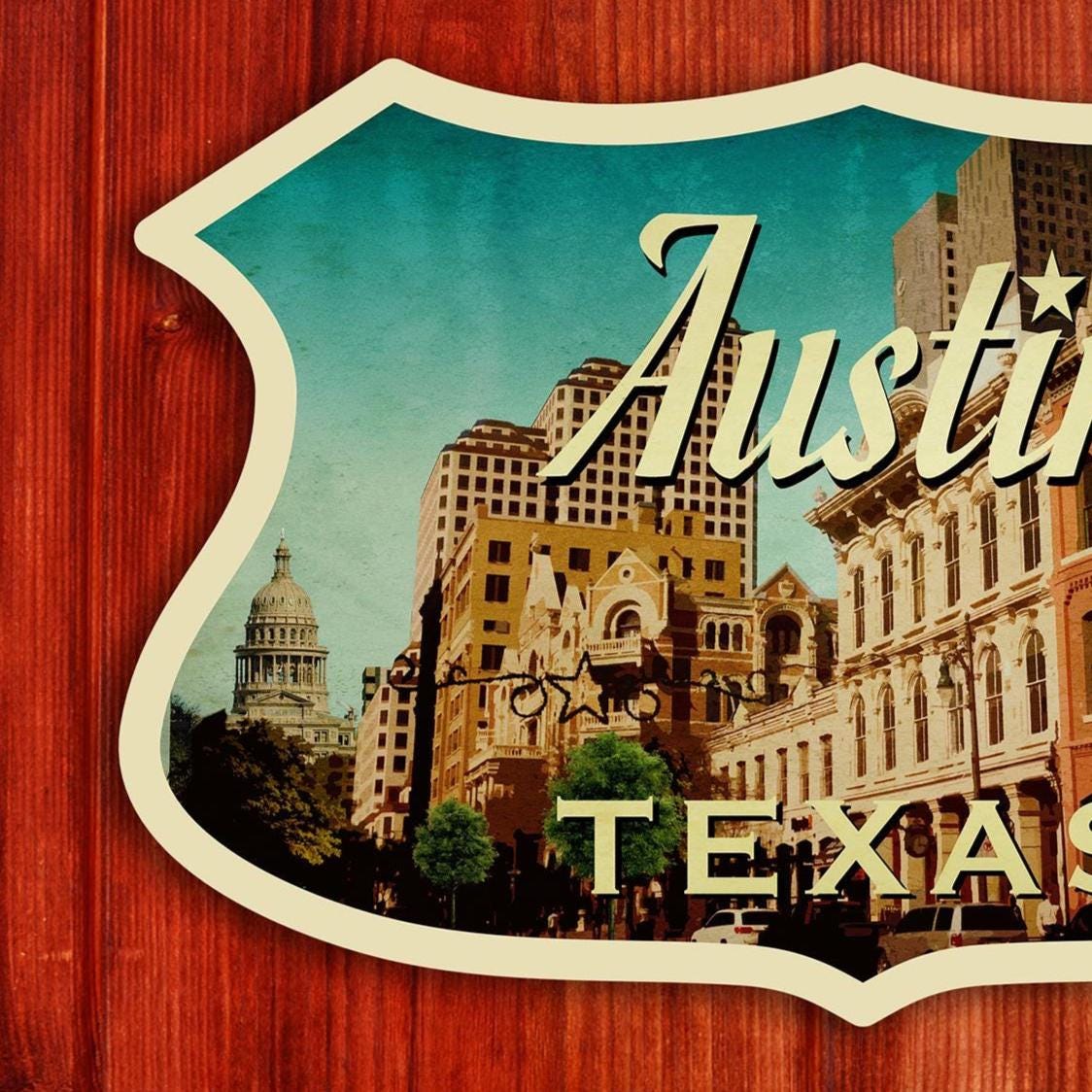 Austin travel sticker, vintage style decal for suitcase, luggage, laptop or water bottle