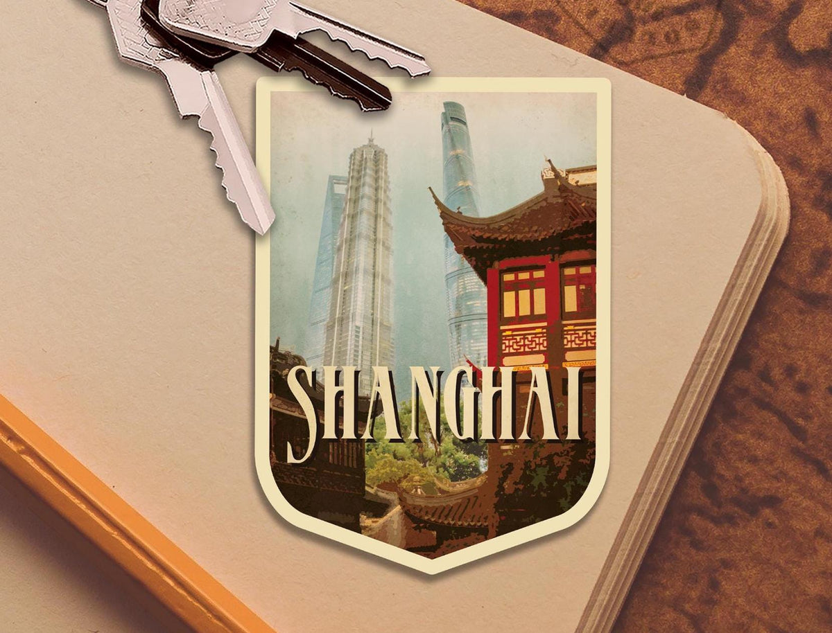 Shangai travel sticker, vintage style decal for suitcase, luggage, laptop or water bottle