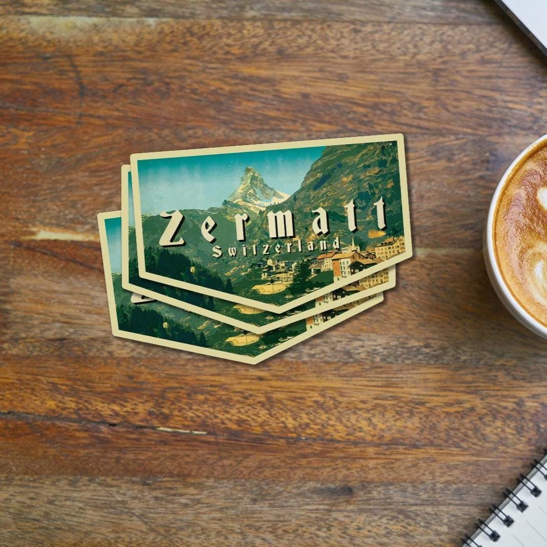 Zermatt, Switzerland Travel Sticker: Vintage-style Luggage, Laptop Mattherhorn Decal