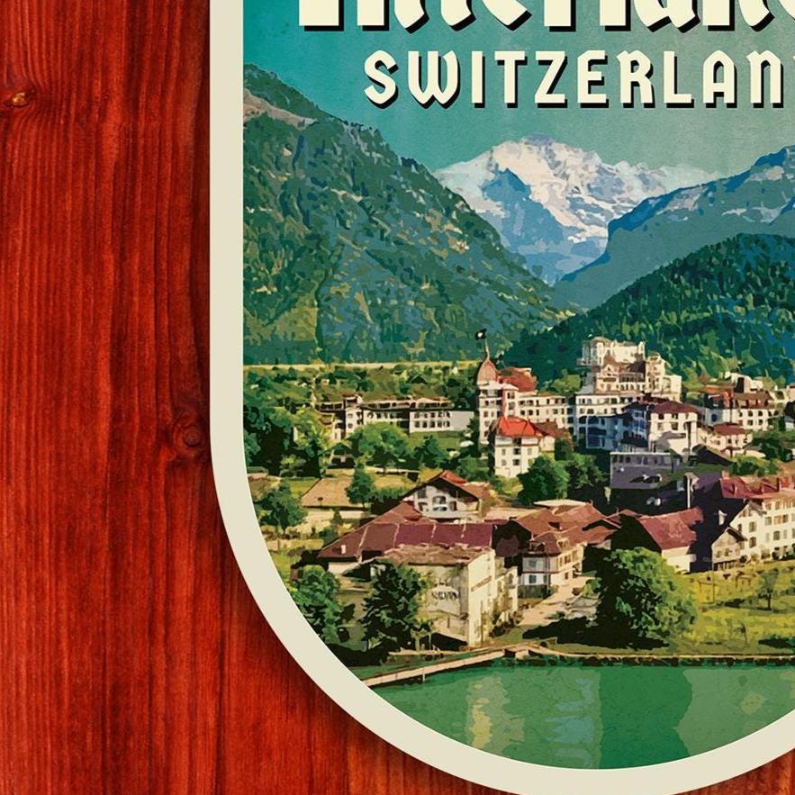 Interlaken Switzerland Travel Sticker: Vintage=style Luggage, Laptop Decal