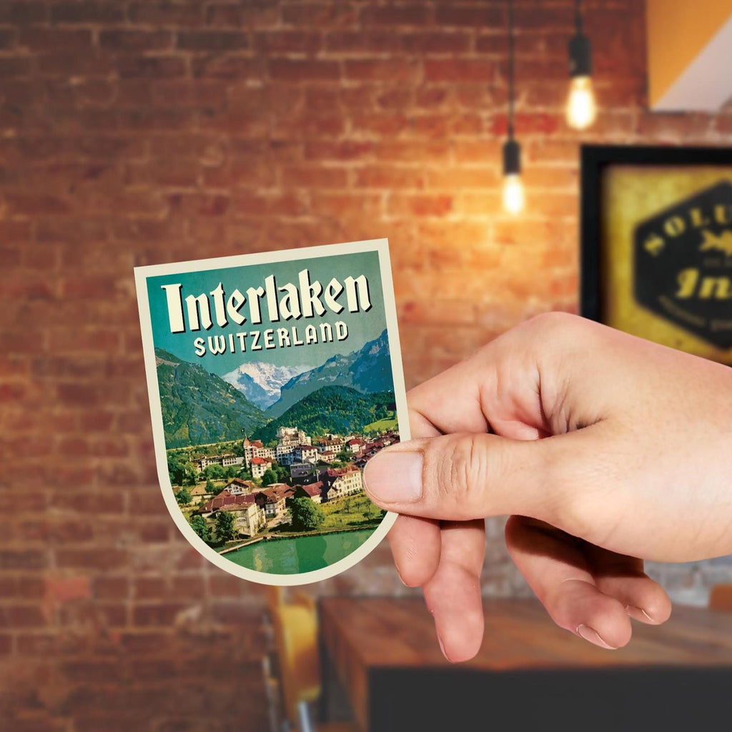 Interlaken Switzerland Travel Sticker: Vintage=style Luggage, Laptop Decal