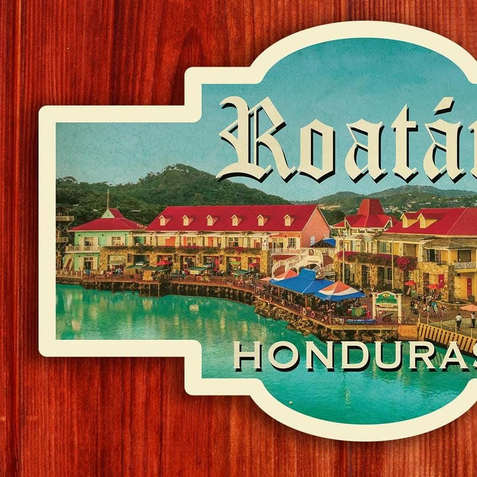 Roatan, Honduras travel sticker, vintage style decal for suitcase, luggage, laptop or water bottle