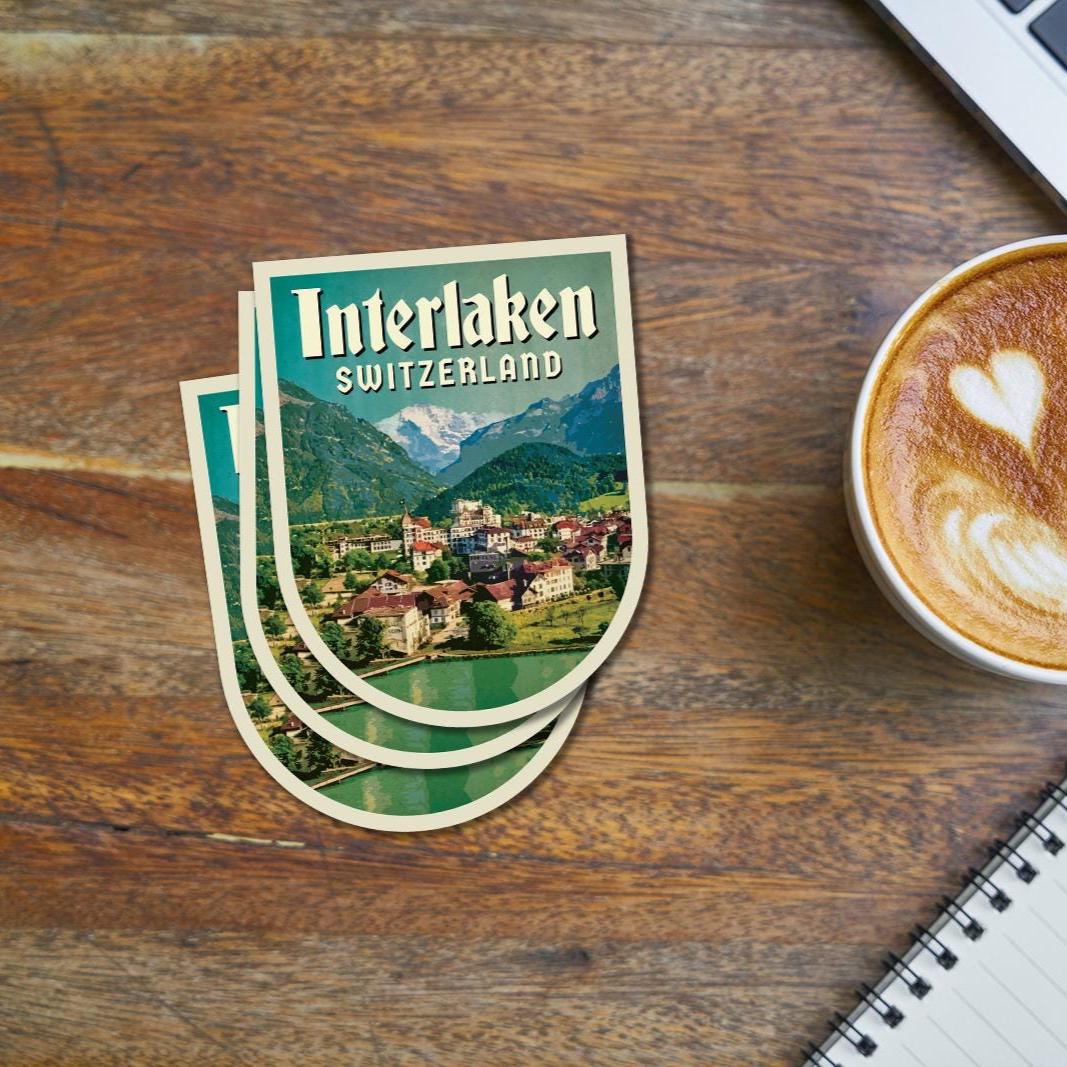 Interlaken Switzerland Travel Sticker: Vintage=style Luggage, Laptop Decal