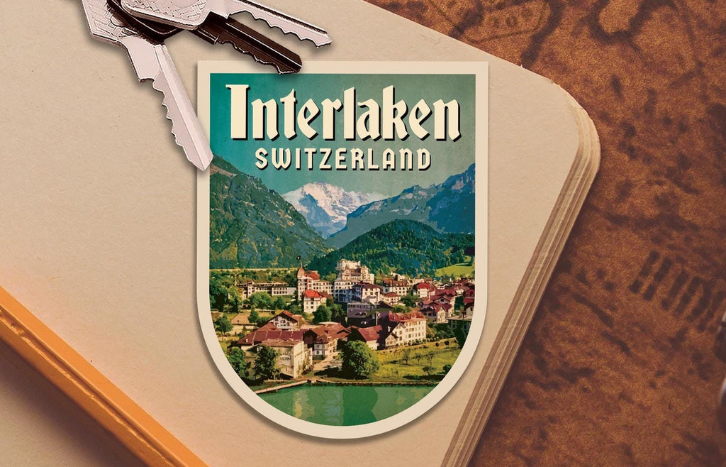 Interlaken Switzerland Travel Sticker: Vintage=style Luggage, Laptop Decal