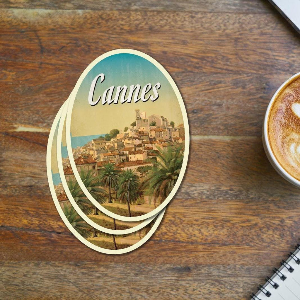 Cannes France Travel Sticker: Vintage Suitcase Luggage Decal
