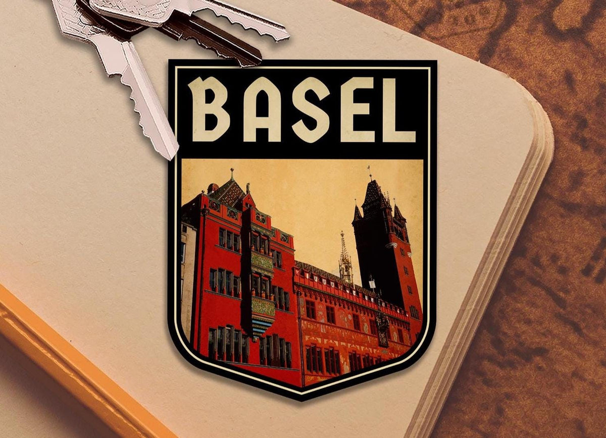 Basel Switzerland Travel Sticker: Vintage-style Luggage, Laptop Decal