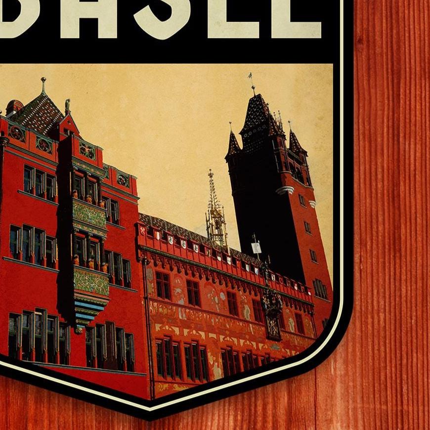 Basel Switzerland Travel Sticker: Vintage-style Luggage, Laptop Decal