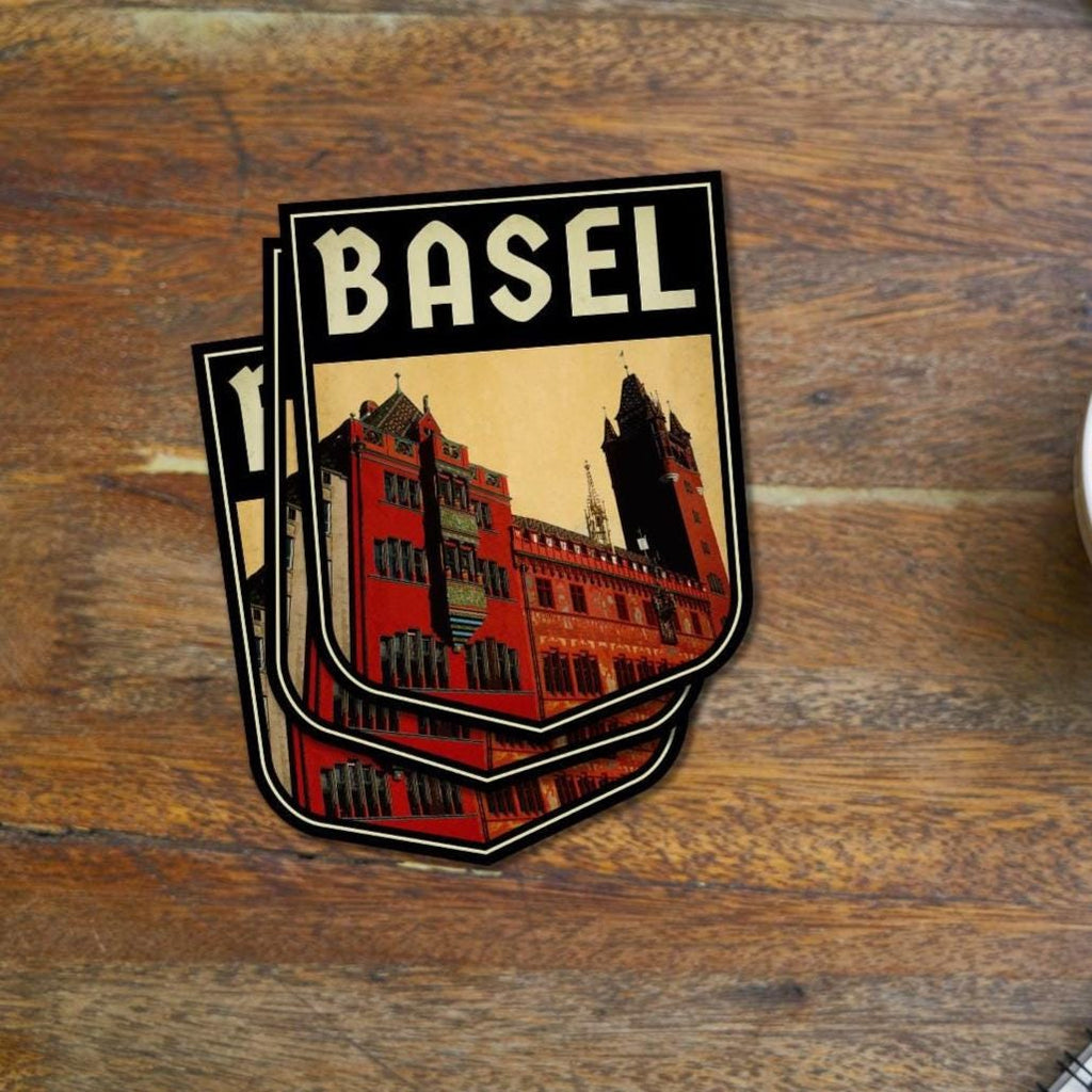 Basel Switzerland Travel Sticker: Vintage-style Luggage, Laptop Decal