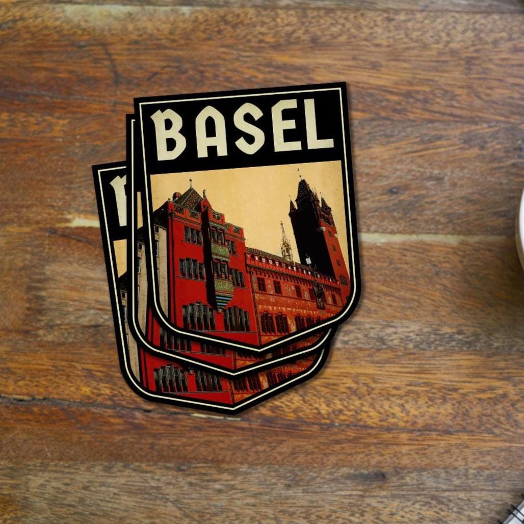 Basel Switzerland Travel Sticker: Vintage-style Luggage, Laptop Decal