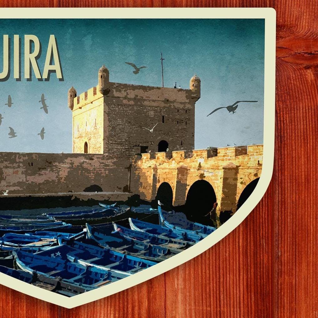 Essaouira Morocco travel sticker, vintage style decal for suitcase, luggage, laptop or water bottle