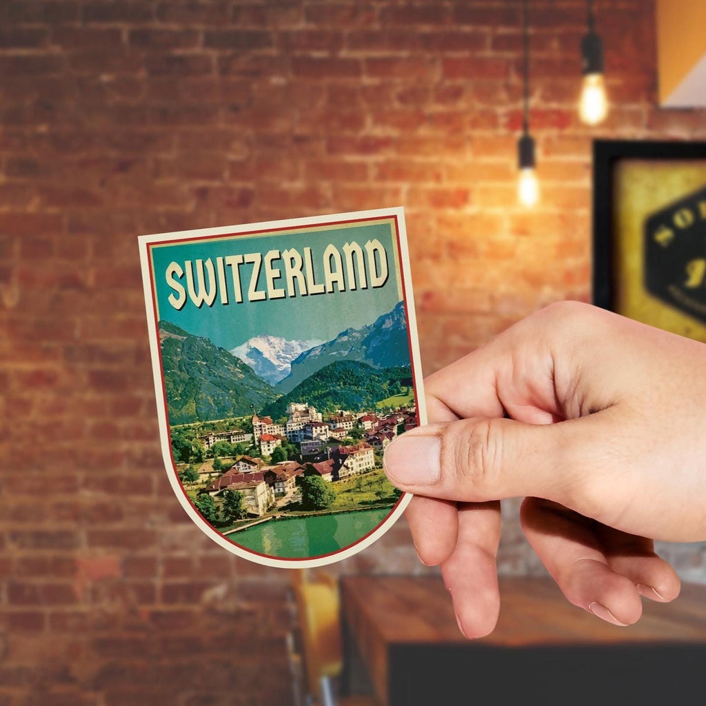 Interlaken Switzerland Travel Sticker: Vintage=style Luggage, Laptop Decal