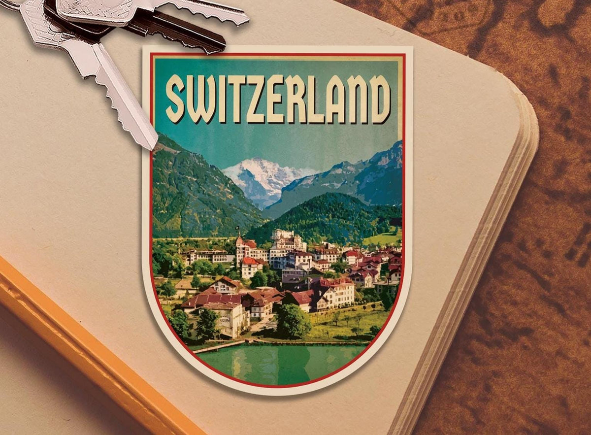 Interlaken Switzerland Travel Sticker: Vintage=style Luggage, Laptop Decal
